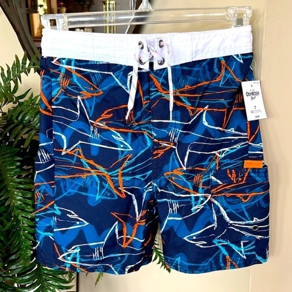 Brand New Oshkosh Swim Shorts Navy Blue Orange Graphic Shark Print Swim Trunks